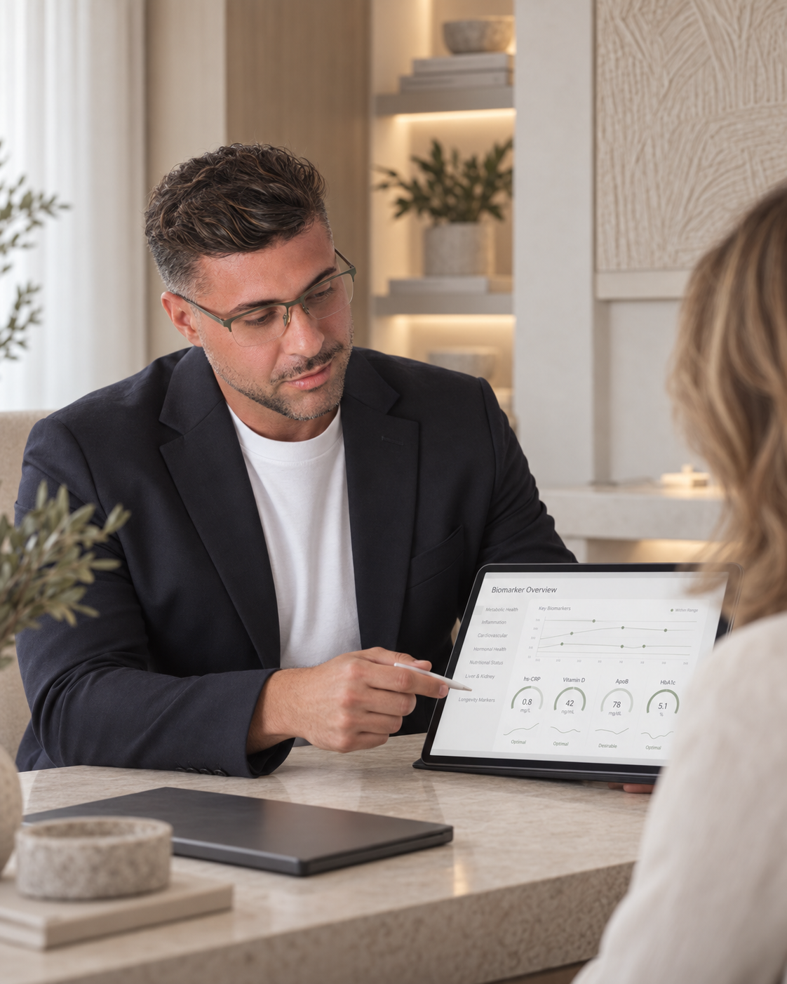 Federico Cucci explicando biomarcadores a una paciente